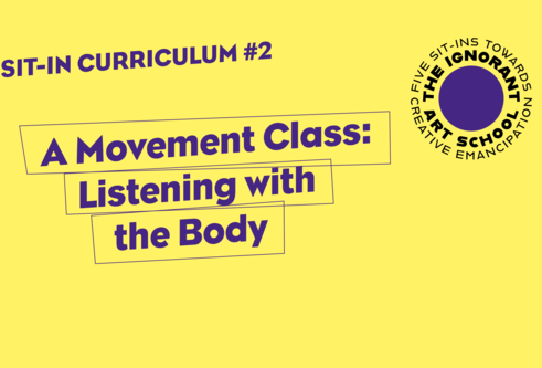 Yellow poster with purple text A Movement Class: Listening with the Body