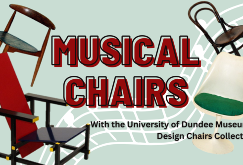 image of 4 chairs from the University of Dundee Museums' design chair collection, floating on a pale blue background with white music score overlaid. 