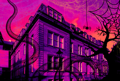 altered image of the Carnelly Building in black against a purple and orange sky with black line drawings of a snake, spider, raven and cobwebs. 