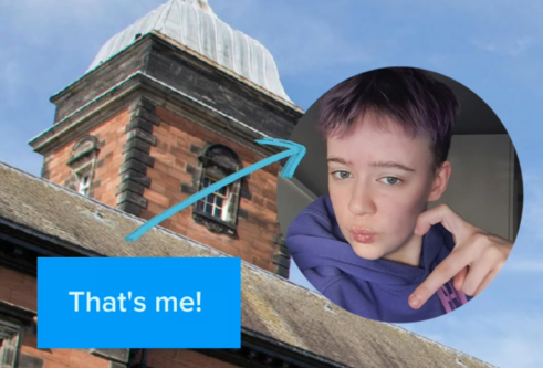 student's face on top of image of red sandstone building