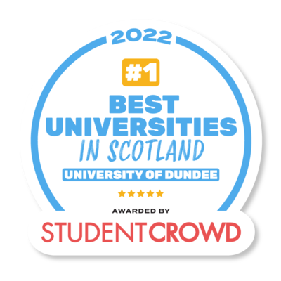 StudentCrowd logo for the number one ranking award for Dundee, for the best five Scottish universities.