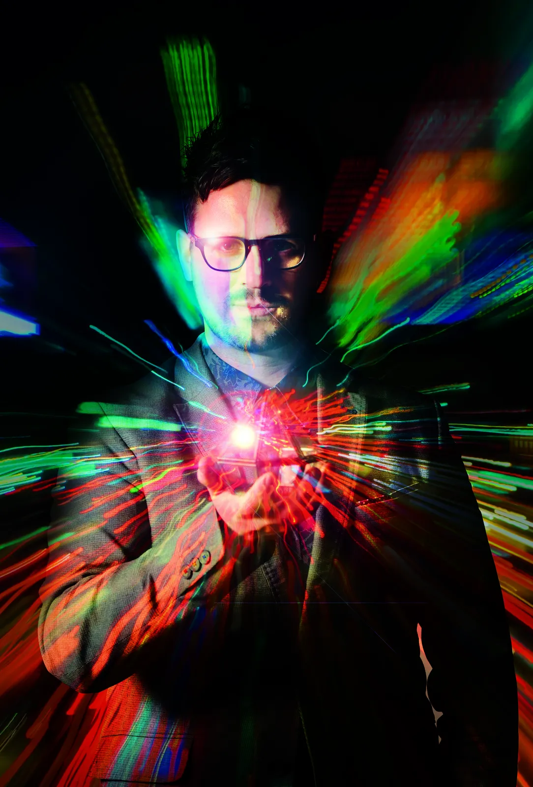 Kevin Quantum holding a light with a rainbow radiating out all around him