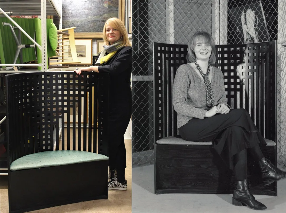  a person standing in front of a chair and sitting on it