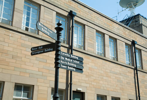 directional signpost outside the Ewing Building