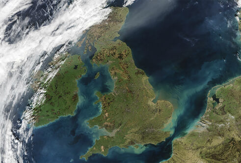 A satellite image of the earth from space, centred on the UK