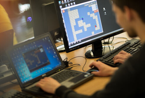 a person on a laptop playing a game that is showing on the screen