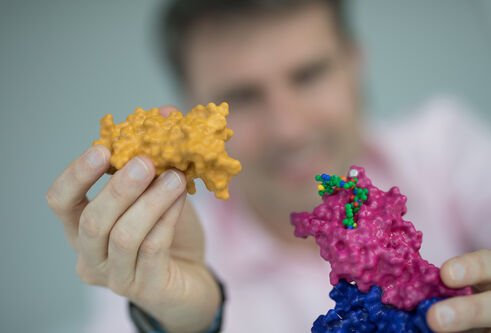 man, blurry, holding a model, in focus