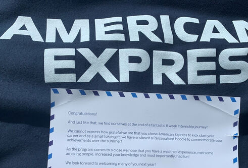 a card from American Express congratulating  Angus on his internship 