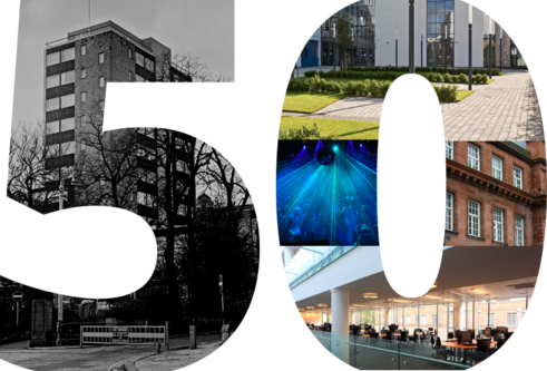 the number 50 made up with images from around Dundee campus