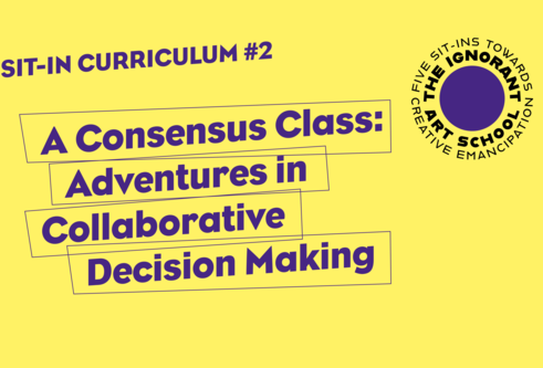 Yellow poster with purple text A Consensus Class: Adventures in Collaborative Decision Making