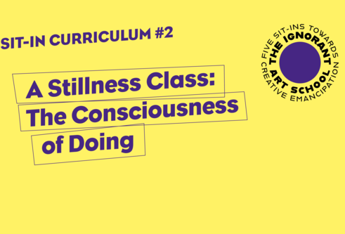 Poster in yellow with purple text A Stillness Class: The Consciousness of Doing 