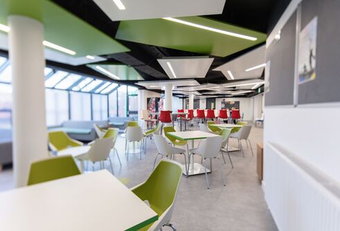 empty cafe space with lots of light and red and green seating