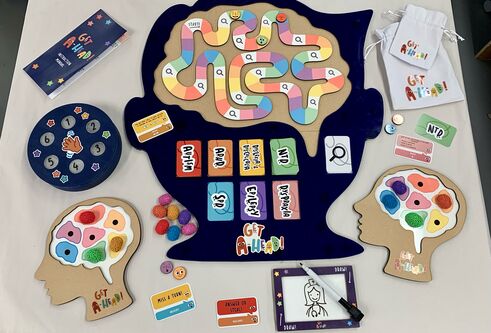 a colourful board game in the shape of a head, with a snake-like path where the board game counters follow