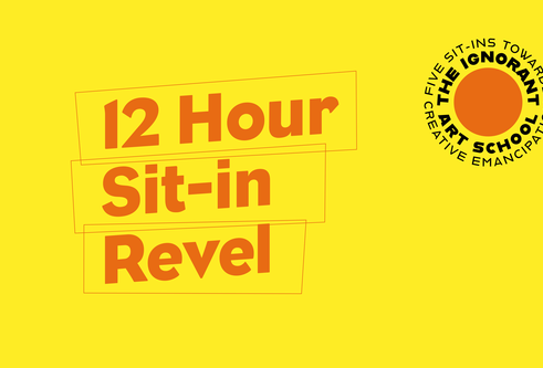 Yellow and orange title slide. 12 Hour Sit-in Revel