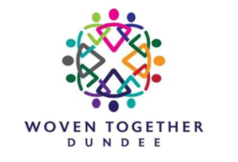 Woven Together logo showing stick figuires in rainbow colours in a square holidng hands