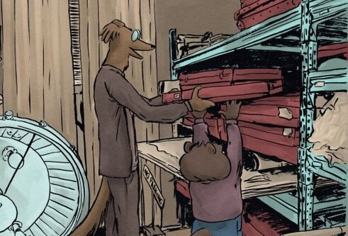 Comic of two dogs in suits stacking a shelf