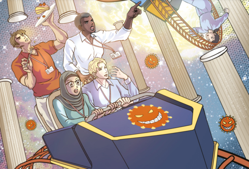 The cover of the comic, with the comic drawing showing three young healthcare graduates sat in a rollercoaster car, each with a worried expression on their face. Surrounding them are floating pillars and bacteria 'ball's which represent Covid.