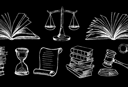 Various black and white sketched images depicting the criminal justice system; books, scrolls, gavel, handcuffs, scales of justice