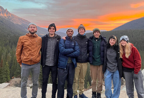 Group of exchange students who travelled around Banff at Lake Moraine at sunrise. Four of them were English exchange students, one from Luxembourg and another from Germany. 