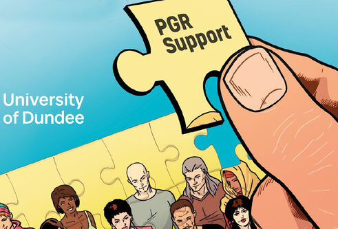 Poster showing a hand holding a piece of a puzzle for the Wellbeing Postgraduate Researcher Narratives as part of TCELT comic series