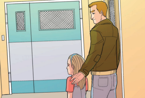 Cover of the Visiting ICU comic - a father is leading his daughter toward hospital ward doors