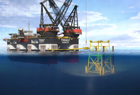 A computer-generated image of an oilrig installing the concept foundations
