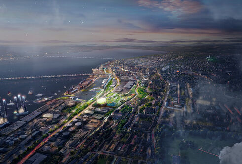 An animated aerial view of Dundee with a highlighted section showing where ther Eden Project will be located near the tay