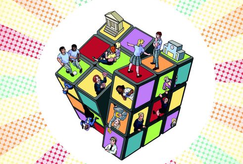 Digital illustration of a Rubik's cube with people placed on it, as if it were a globe.