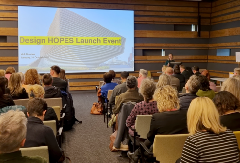 Photo of Design Hopes launch event talk at the V&A Dundee with Leonie Bell.