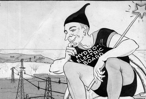 A giant sits on a rock in the water, there are electric pylons behind him and he is holding a magic wand.