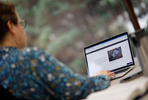 side profile of woman working on laptop