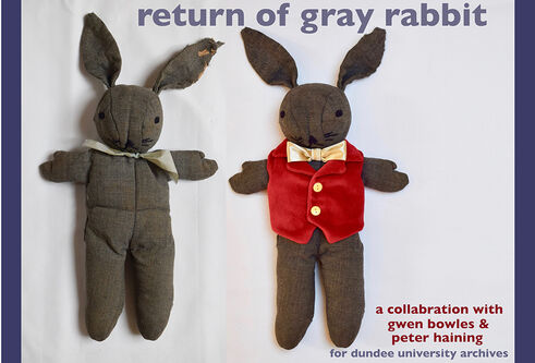 Two gray rabbit toys next to each other. One very old and the other new with a red jacket
