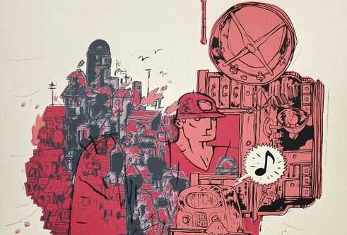 The artwork show the outline of a miner, in pink, embedded with images of a desk, muscial notes, and other elements of Barbara's life