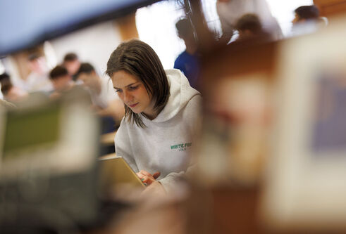 A student in a lecture theatre looking at her laptop