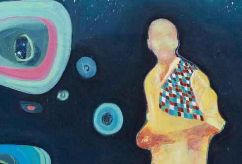 close up photo of a painting of a male figure floating in a blue background wearing a yellow checked shirt