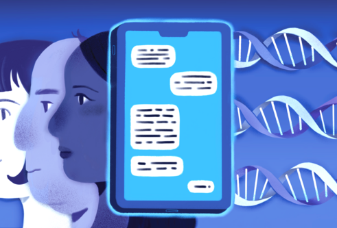 Illustration by Clara Morriss. Depicts the profiles of three faces, a smartphone with visible texts and three stylised strands of DNA.