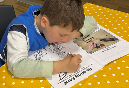 A boy colouring in a book 