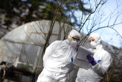 Two people in full white ppe coveralls and masks stand looking at a clipboard, there is a greenhouse behind them.