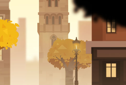 computer drawing of a tall square tower with a tree and vintage lamppost in front of it