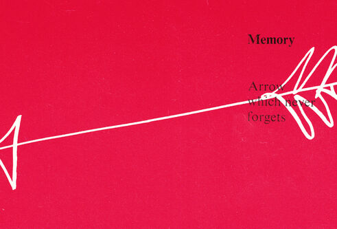 printed card by Ian Hamilton Finlay featuring an arrow with the text "Memory - Arrow which never forgets"