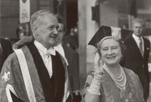 Queen Mother and the Principal wearing ceremonial robes, black and white image
