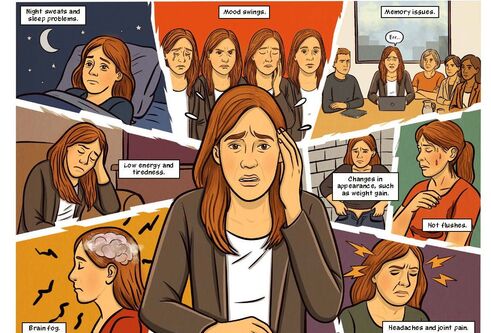 An illustrated image from the comic, featuring a women with red hair describing the multiple symptoms of menopause