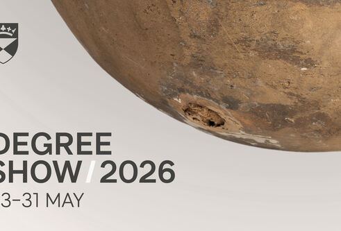 graphic with degree show dates 23-31 May 026 with the background of the underside of a worn, brown ceramic or clay vessel showing surface scratches, discoloration