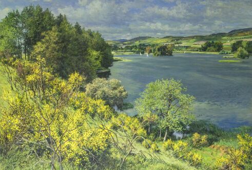 An oil painting of Balgavies Loch on a sunny day.