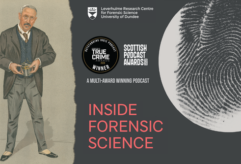 Inside Forensic Science series 5 with a man standing to the left and a large finger print to the right