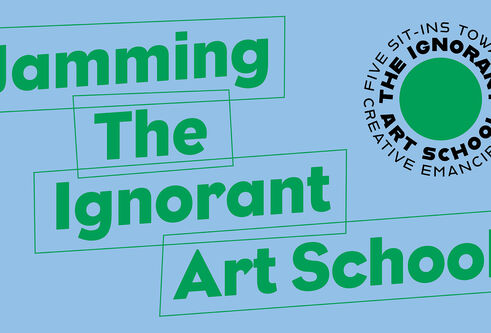 Exhibition title logo Jamming The Ignorant Art School with a circlular logo in pale blue and rich green