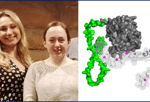 Two photos side by side. One the left a photo of Teresa Leão (left)  and Anna Trenaman (right) and second photo is a model of ZNK1.