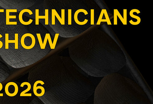 A dark background of silver discs on a banner with bright yellow text Technicians show 2026 