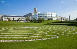 white building behind green grass