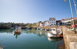 A small fishing boat comes into Crail Harbour, surrounded by buildings from the 17th-19th century